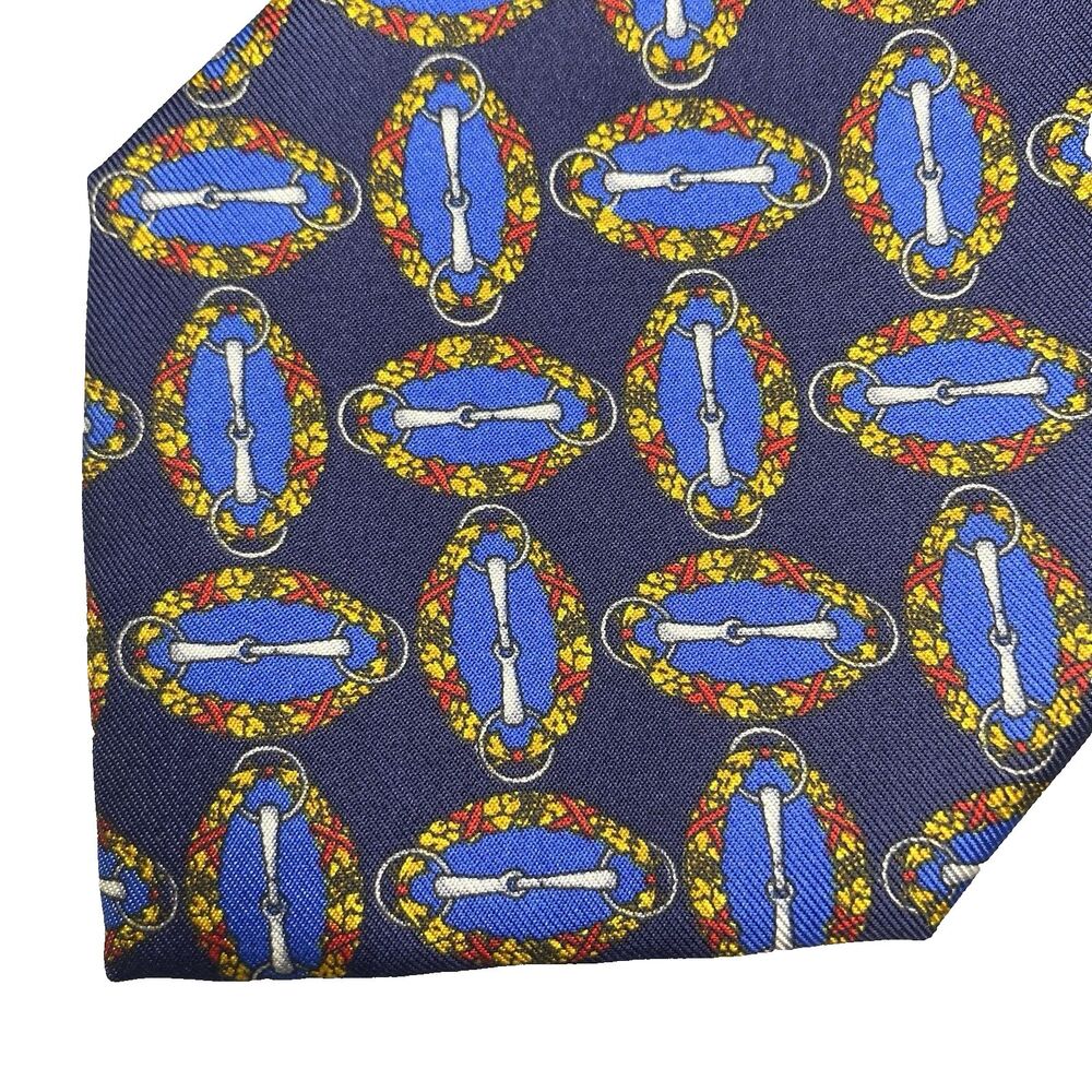 Richel Spain Silk Tie Equestrian Horsebit Stirrup Handmade Vintage Mens Blue